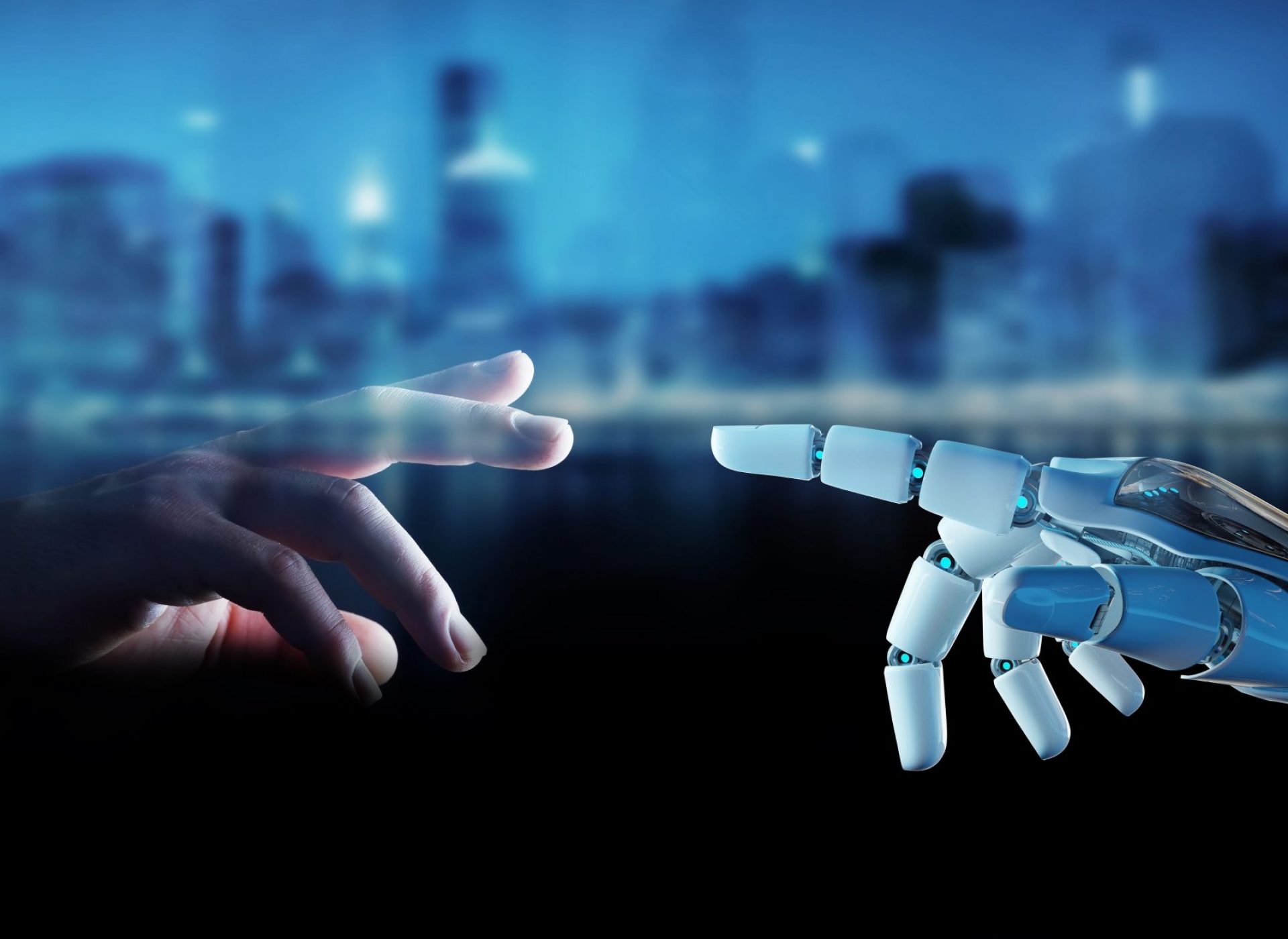 White cyborg finger about to touch human finger on city background 3D rendering